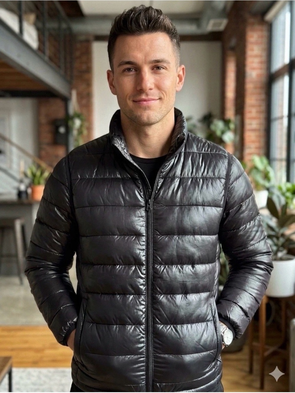 K-Swiss Men’s Lightweight Black Puffer Jacket Quilted Full Zip Coat Glossy